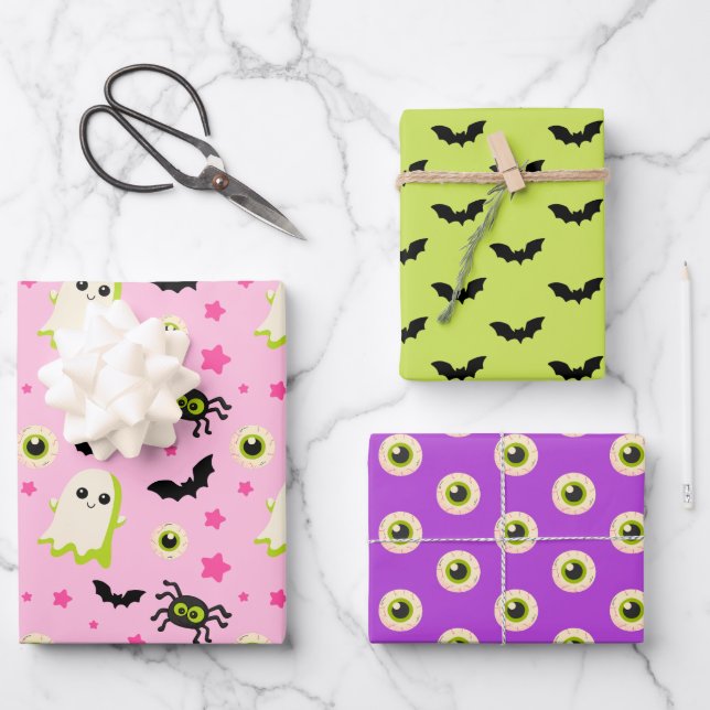 Eyeball Ghost Bat Spooky Cute Halloween Pattern  Wrapping Paper Sheet (Front)