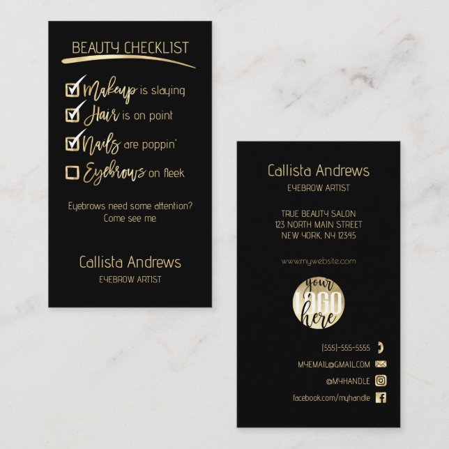 Eyebrow Gold Black Beauty Checklist Business Logo Appointment Card (Front/Back)