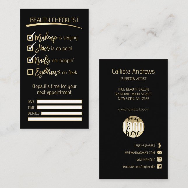 Eyebrow Gold Black Beauty Checklist Business Logo Appointment Card (Front/Back)