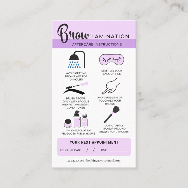 Eyebrow Lamination Aftercare Instructions Business Business Card (Front)