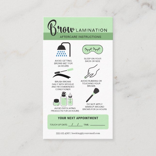 Eyebrow Lamination Aftercare Instructions Business Card (Front)
