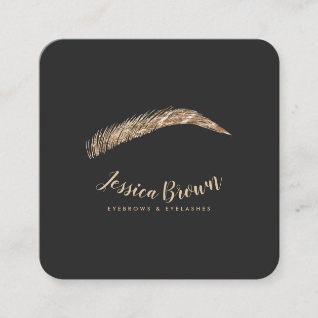 Eyebrow lashes luxury chic gold glitter elegant square business card (Front)