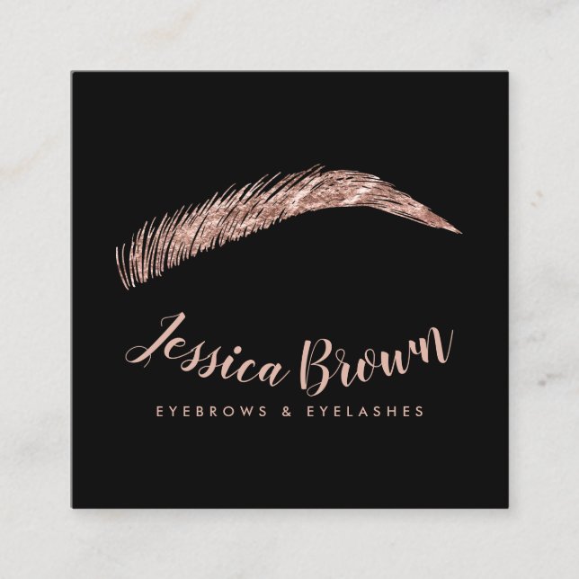 Eyebrow lashes luxury rose gold glitter name glam square business card (Front)