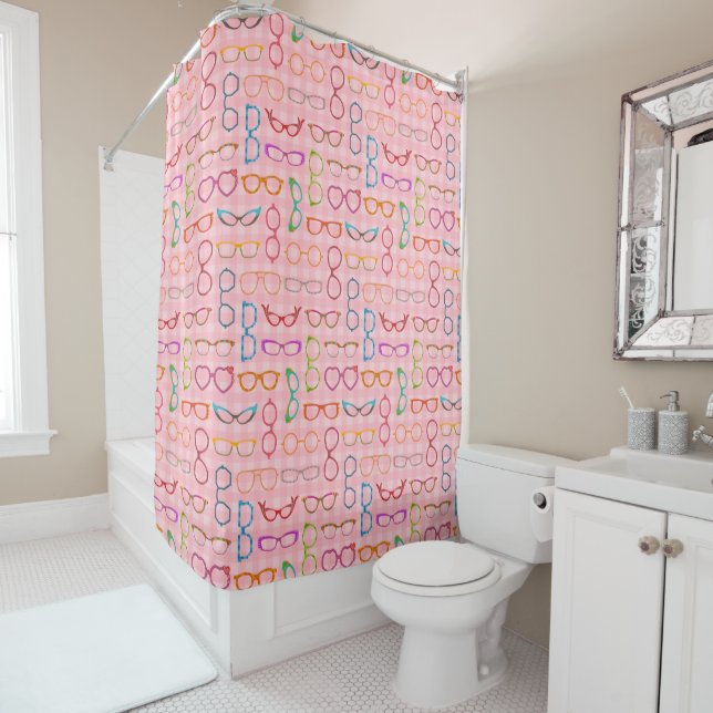 Eyeglass Retro Modern Hipster Pink Gingham Glasses Shower Curtain (In Situ)