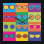 Eyeglasses Chequerboard Square Wall Clock<br><div class="desc">Pop-Art styled illustration of popular eyeglass frame styles in a colourful chequerboard.</div>