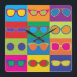 Eyeglasses Chequerboard Square Wall Clock<br><div class="desc">Pop-Art styled illustration of popular eyeglass frame styles in a colourful chequerboard.</div>