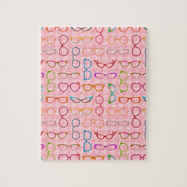 Eyeglasses Retro Modern Hipster with Pink Gingham Jigsaw Puzzle (Vertical)