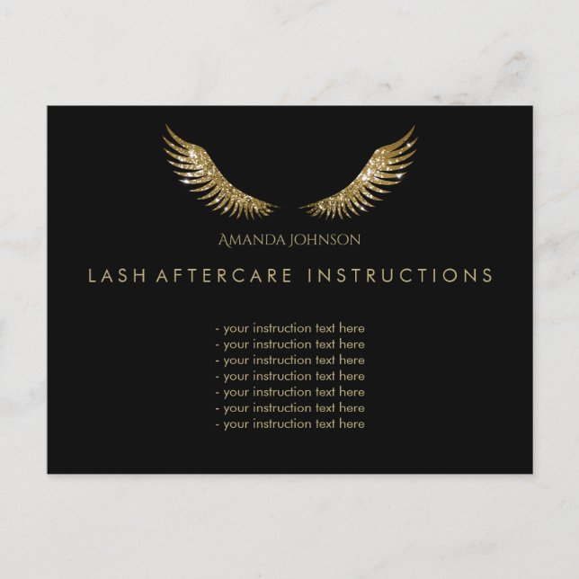 Eyelash Aftercare Instructions Golden Wings Black Postcard (Front)
