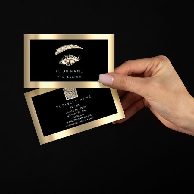 Eyelash Brow Makeup Logo Qr Code Black Gold Frame Business Card (Eyelash Brow Makeup Logo Qr Code Black Gold Frame Business Card)