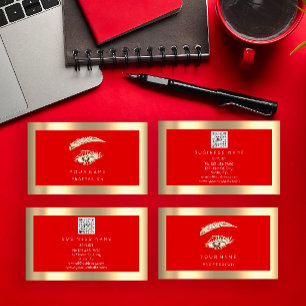 Eyelash Brow Makeup Logo Qr Code Red Gold Framed  Business Card