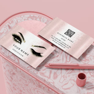 Eyelash Brow Microblade. QR CODE Logo Pink Powder Business Card