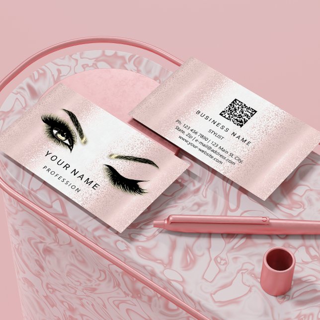 Eyelash Brow Microblade. QR CODE Logo Pink Powder Business Card (Creator Uploaded)