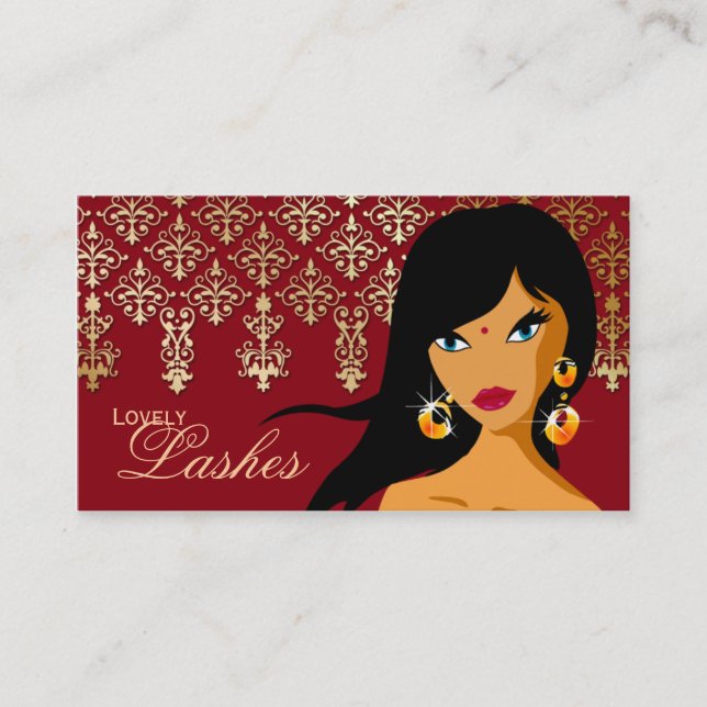 Eyelash Business Card Indian Woman Gold Burgundy (Front)
