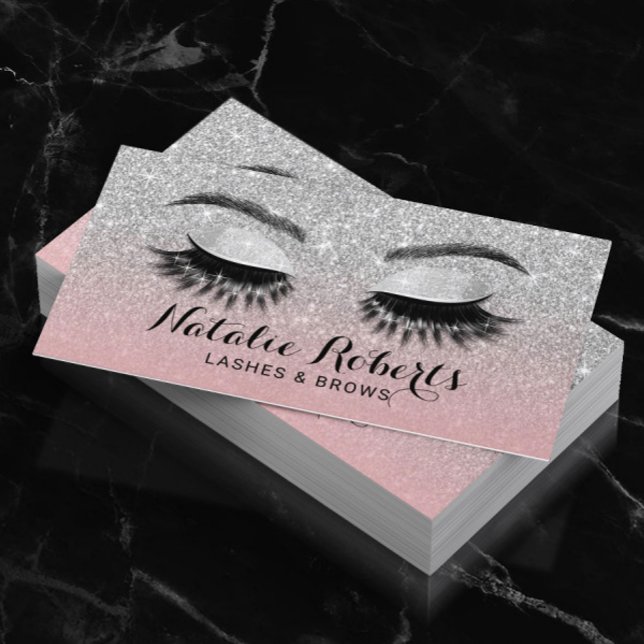 Eyelash Eeybrow Lashes Salon Pink & Silver Glitter Business Card (Creator Uploaded)