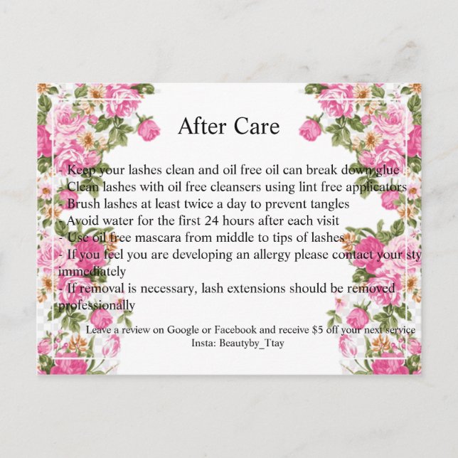 Eyelash Extension After Care Card (Front)