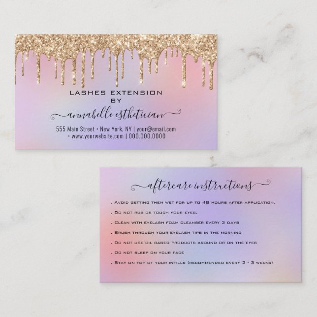 Eyelash Extension Aftercare Instruction Glitter  B Business Card (Front/Back)