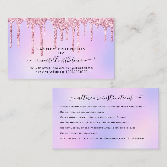 Eyelash Extension Aftercare Instruction Glitter  B Business Card (Front/Back)