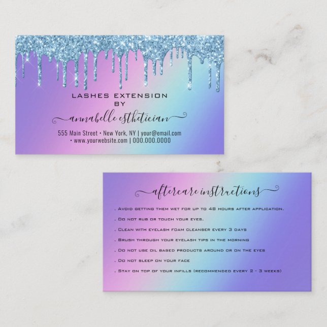 Eyelash Extension Aftercare Instruction Glitter Business Card (Front/Back)