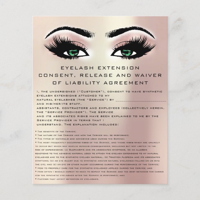 EYELASH EXTENSION CONSENT, RELEASE AND WAIVER Gree Flyer (Front)