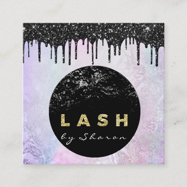 Eyelash Extension Expert Black Drip Pink Glitter Square Business Card (Front)