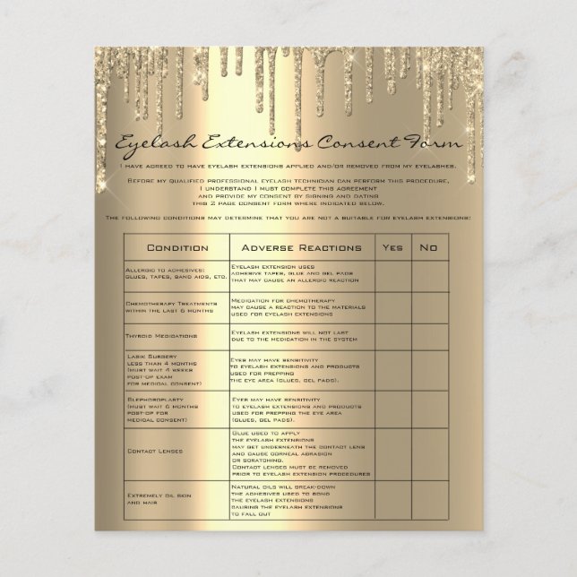 Eyelash Extension Liability Waiver Agreement Gold Flyer (Front)