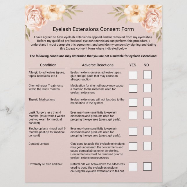 Eyelash Extension Liability Waiver & Release Form Flyer (Front)
