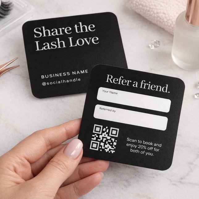 Eyelash Extension Referral Card Black (Professional lash extension referral card design)
