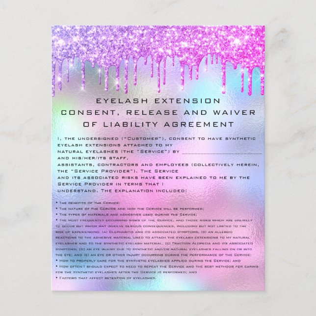 EYELASH EXTENSION RELEASE WAIVER Holograph Drips Flyer (Front)