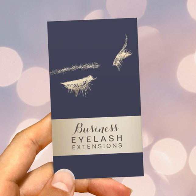 Eyelash Extensions Classy Blue & Gold Modern Business Card (Creator Uploaded)