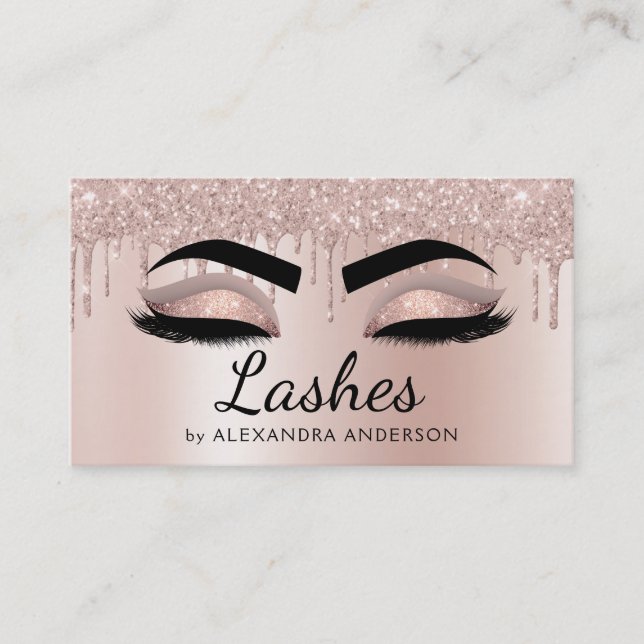 Eyelash Extensions Dripping Glitter Rose Gold Business Card (Front)
