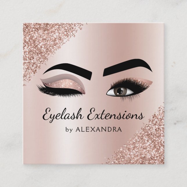 Eyelash Extensions Lashes Glitter Rose Gold Pink Square Business Card (Front)