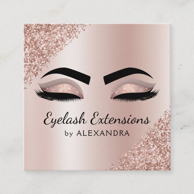 Eyelash Extensions Lashes Glitter Rose Gold Pink Square Business Card (Front)
