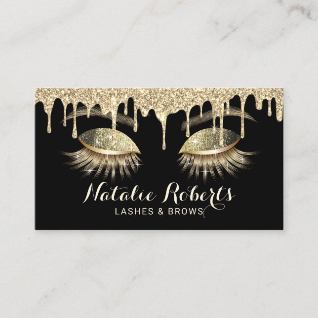Eyelash Extensions Makeup Artist Modern Gold Drips Business Card (Front)