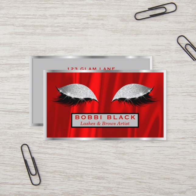 Eyelash Extensions Makeup Red Silver Grey Business Card (Front/Back In Situ)
