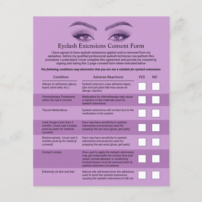 Eyelash Extensions Purple Liability Waiver Form Flyer (Front)