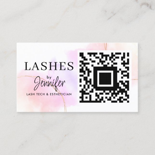 Eyelash Extensions QR Code Watercolor Pink Gold Business Card (Front)