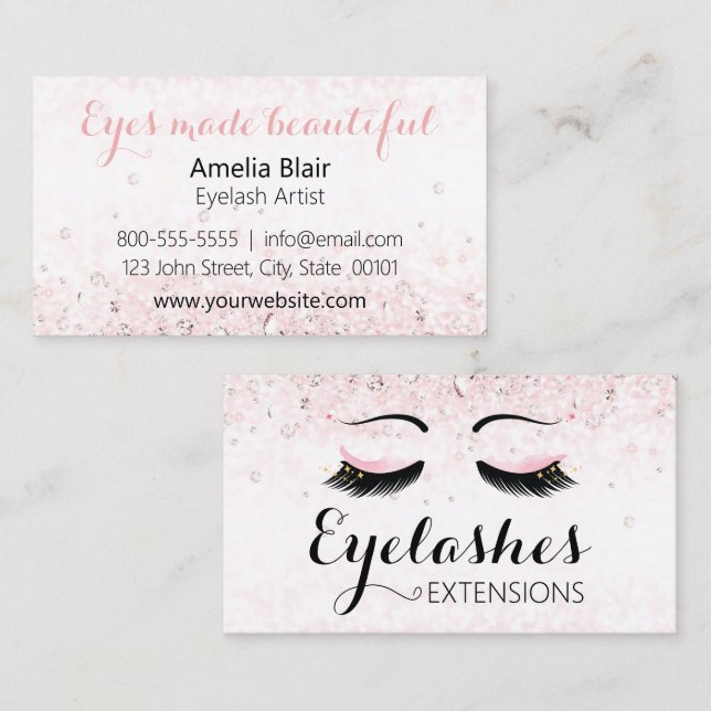 Eyelash Extensions Sparkles and Diamonds Pink  Business Card (Front/Back)