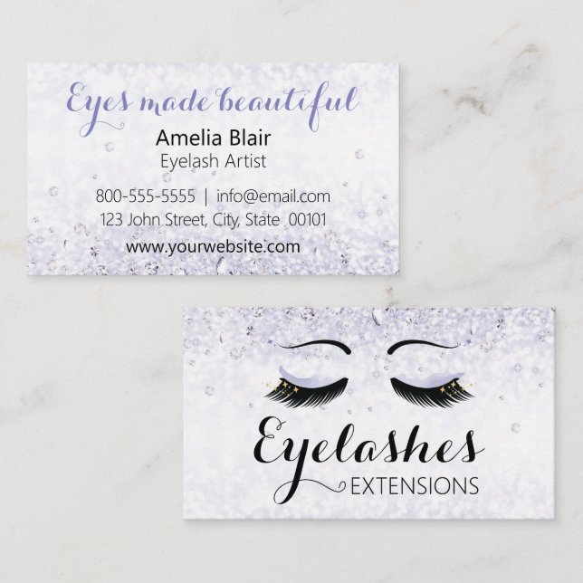 Eyelash Extensions Sparkles and Diamonds Purple Business Card (Front/Back)