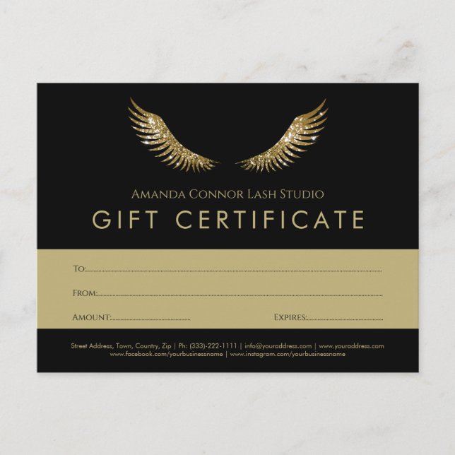 Eyelash Gold Wings Black Gift Certificate Voucher Postcard (Front)