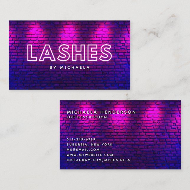 Eyelash/Lash Extensions Modern Pink Neon & Bricks Business Card (Front/Back)