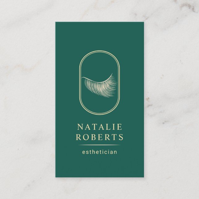Eyelash Logo Makeup Artist Aesthetician Teal Gold Business Card (Front)