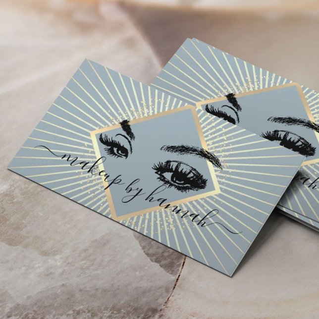Eyelash Makeup Artist Modern Dusty Blue Gold Salon Business Card (Creator Uploaded)