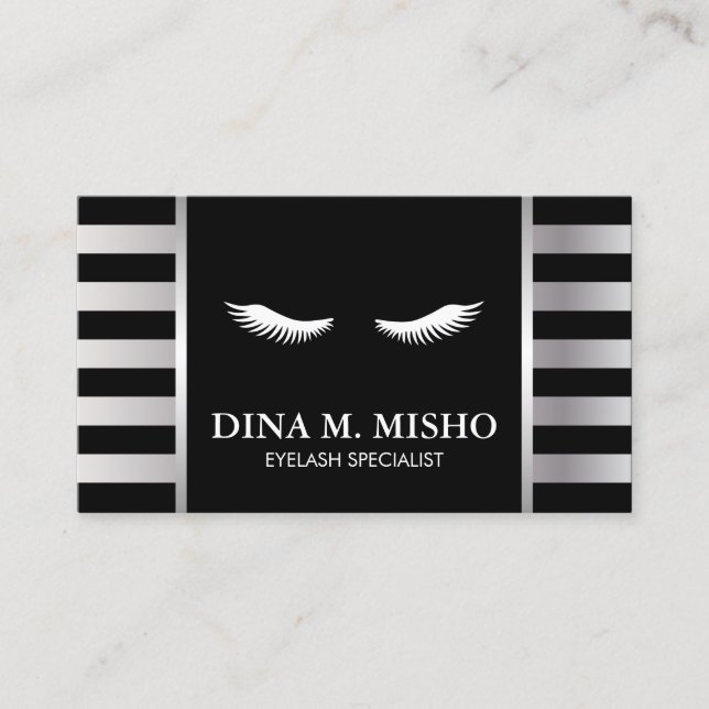 Eyelash Makeup Artist Modern Silver Stripes Business Card (Front)