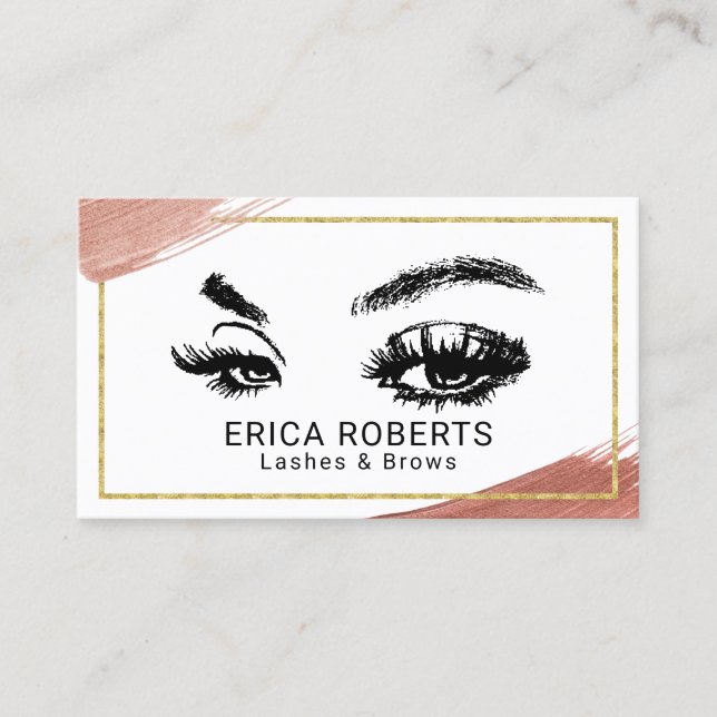 Eyelash Makeup Artist Rose Gold Brush Stroke Business Card (Front)