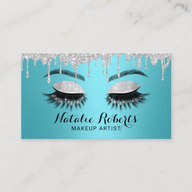 Eyelash Makeup Artist Turquoise  & Silver Salon Business Card (Front)