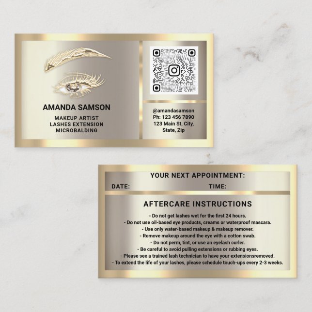 Eyelash Microblade QRCODE Aftercare Gold SmokyGray Business Card (Front/Back)
