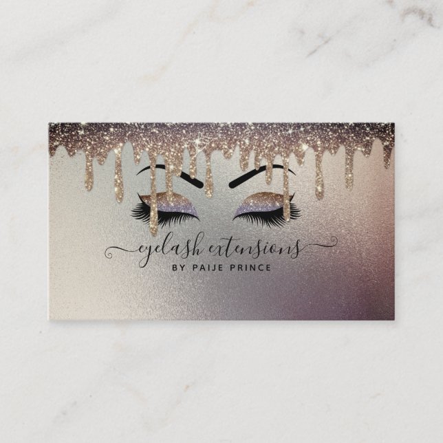 Eyelash Tech Lash Stylist Bronze Gold Glitter Drip Business Card (Front)