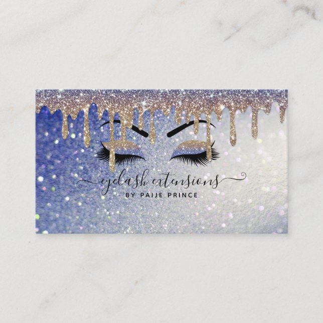 Eyelash Tech Lash Stylist Gold Blue Glitter Drip Business Card (Front)