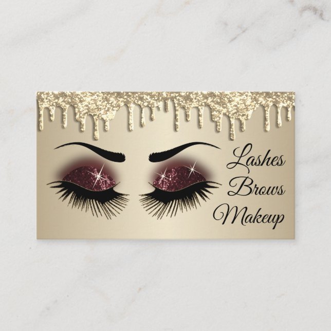 Eyelashes and Brows - Burgundy and Gold Glitter Business Card (Front)