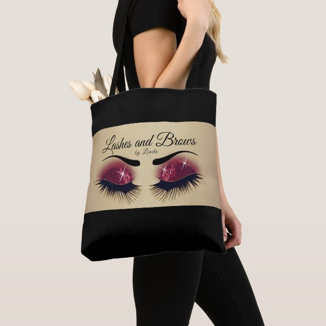 Eyelashes and Brows - Burgundy Red Glitter Tote Bag (Close Up)